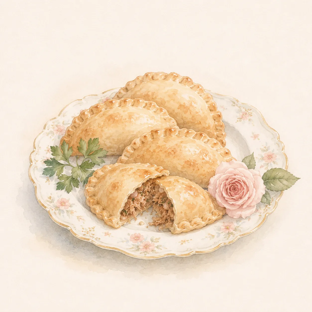 Empanada on a floral porcelain plate, one broken open, illustrated in watercolor.