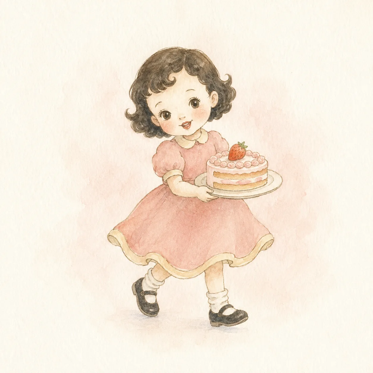 A watercolor illustration of a small girl in a pink dress carrying a strawberry cream cake on a plate.