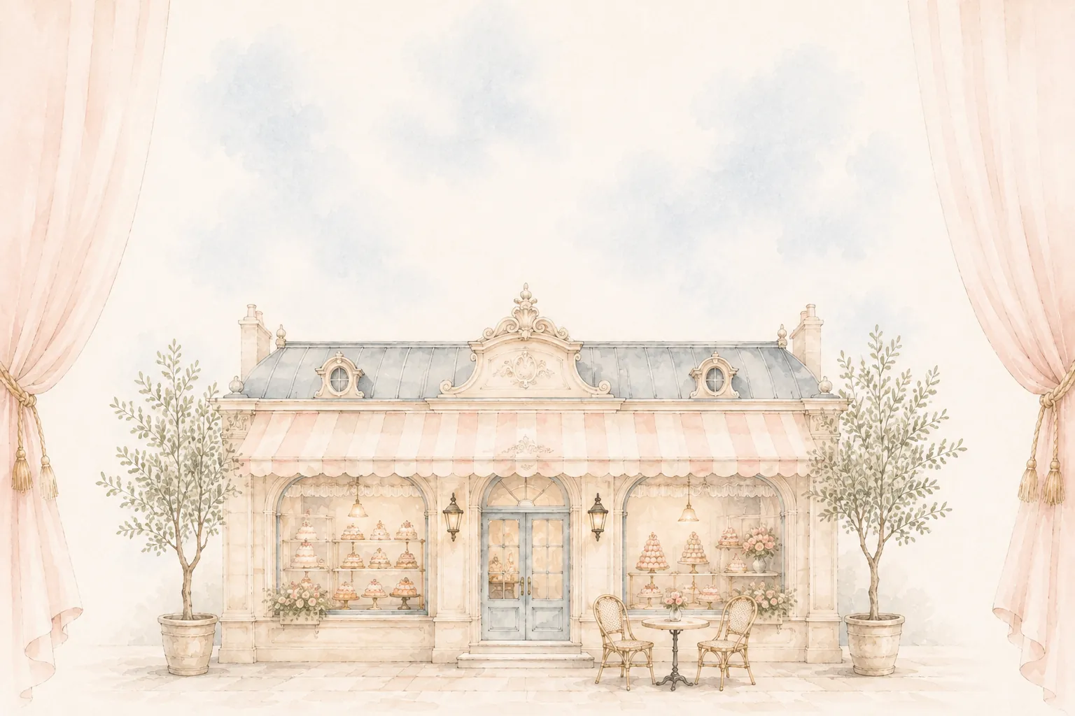 An illustration of the Somher patisserie: a pale pink and cream shopfront with a striped awning and arched windows full of cakes, framed by draped blush curtains, with olive trees and a bistro table on the pavement.